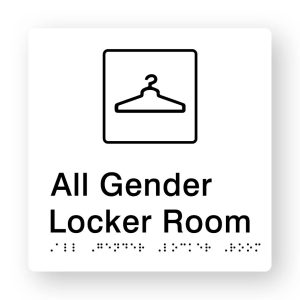 Al Gender Locker Room Braille Sign in Tactile printed White Acrylic. White Sign panel with Black Coat hanger Symbol. Black Text reads All Gender Locker Room Black Braille Text is shown