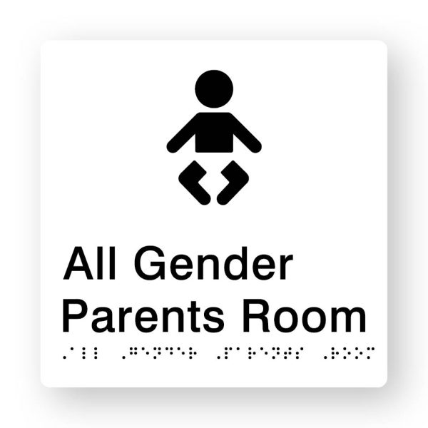 All Gender Parents Room Braille Sign in Tactile printed White Acrylic All Gender Parents Room Braille Sign in Tactile printed White Acrylic. White Sign panel with Black Baby Symbol. Black Text reads All Gender Parents Room Black Braille Text is shown
