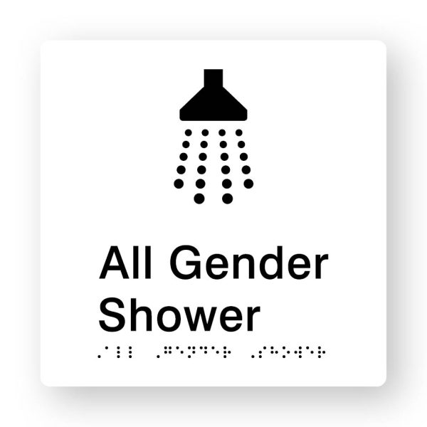 All Gender Shower Braille Sign in Tactile printed White Acrylic All Gender Shower Braille Sign in Tactile printed White Acrylic. White Sign panel with Black Shower Symbol. Black Text reads All Gender Shower Black Braille Text is shown