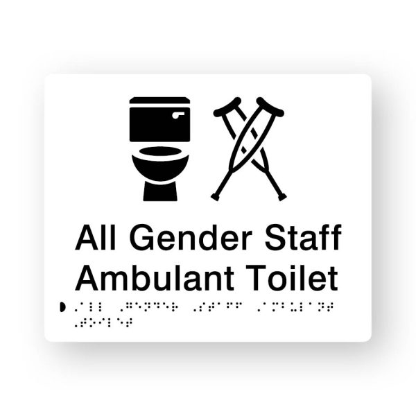 All Gender Ambulant Cubicle Braille Sign in Tactile printed White Acrylic All Gender Ambulant Cubicle Braille Sign in Tactile printed White Acrylic. White Sign panel with Black Crutches Symbol. Black Text reads All Gender Ambulant Cubicle. Black Braille Text is shown