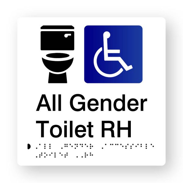 All Gender Accessible Toilet RH Braille Sign in Tactile printed White Acrylic All Gender Accessible Toilet RH Braille Sign in Tactile printed White Acrylic. White Sign panel with Black Toilet & Blue & White Accessible Symbol. Black Text reads All Gender Toilet RH. Black Braille Text is shown