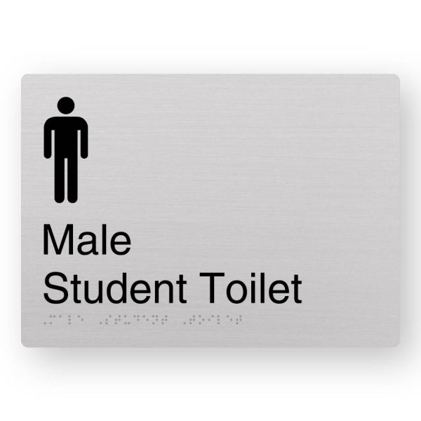 Male Student Toilet Braille Sign in Anodised Aluminium Male Student Toilet Braille Sign in Anodised Aluminium. Silver Sign panel with Black Male Symbol, Black Text reads Male Student Toilet. Braille Text is shown