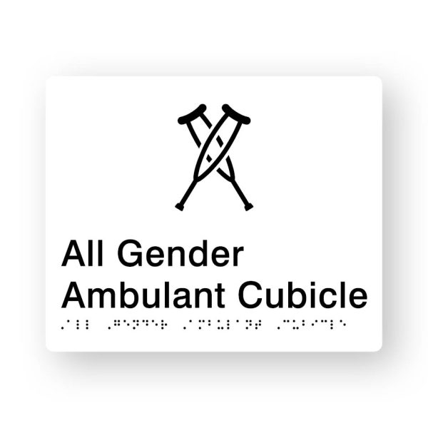 All Gender Ambulant Cubicle Braille Sign in Tactile printed White Acrylic All Gender Ambulant Cubicle Braille Sign in Tactile printed White Acrylic. White Sign panel with Black Crutches Symbol. Black Text reads All Gender Ambulant Cubicle. Black Braille Text is shown