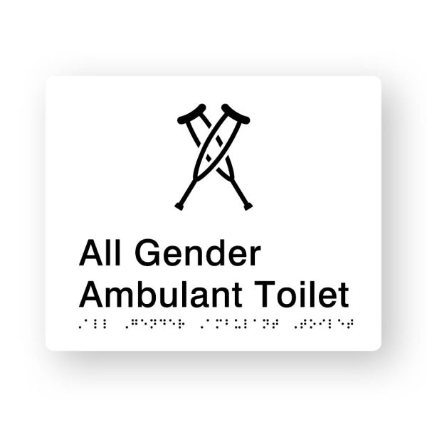 All Gender Ambulant Toilet Braille Sign in Tactile printed White Acrylic All Gender Ambulant Toilet Braille Sign in Tactile printed White Acrylic. White Sign panel with Black Crutches Symbol. Black Text reads All Gender Ambulant Toilet. Black Braille Text is shown