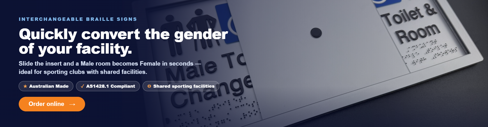 Interchangeable Braille Signs, suited for facilities that are shared by male & female users