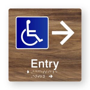 Mid-Tone Woodgrain Braille sign with wheelchair accessibility symbol, right arrow, and Entry text, tactile printed acrylic