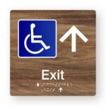 Tactile Braille sign showing Exit text, wheelchair accessible symbol, up arrow and braille