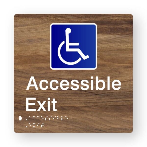 Accessible Exit Mwood Tactile Braille sign showing Accessible Exit text, wheelchair accessible symbol and braille